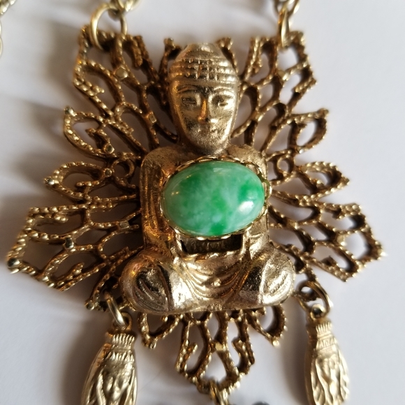 Relisted -Vintage buddha necklace green gold tone flower boho filigree bohemian - Picture 4 of 15